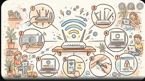 Router Wi‑Fi đặt trên kệ cao giữa nhà với đèn sóng sáng