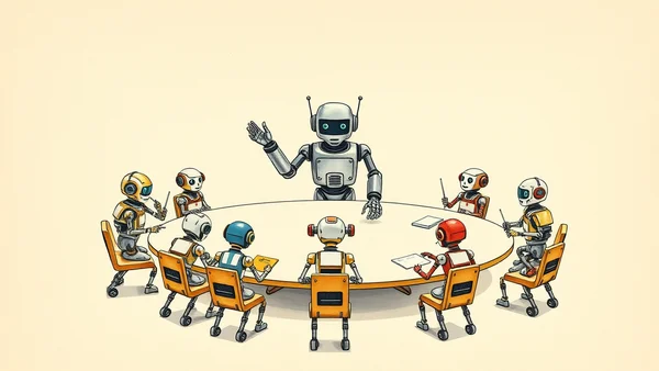 Mô hình nhạc trưởng robot đang điều phối một hội đồng gồm các chú robot chuyên gia tí hon quanh một bàn tròn logic