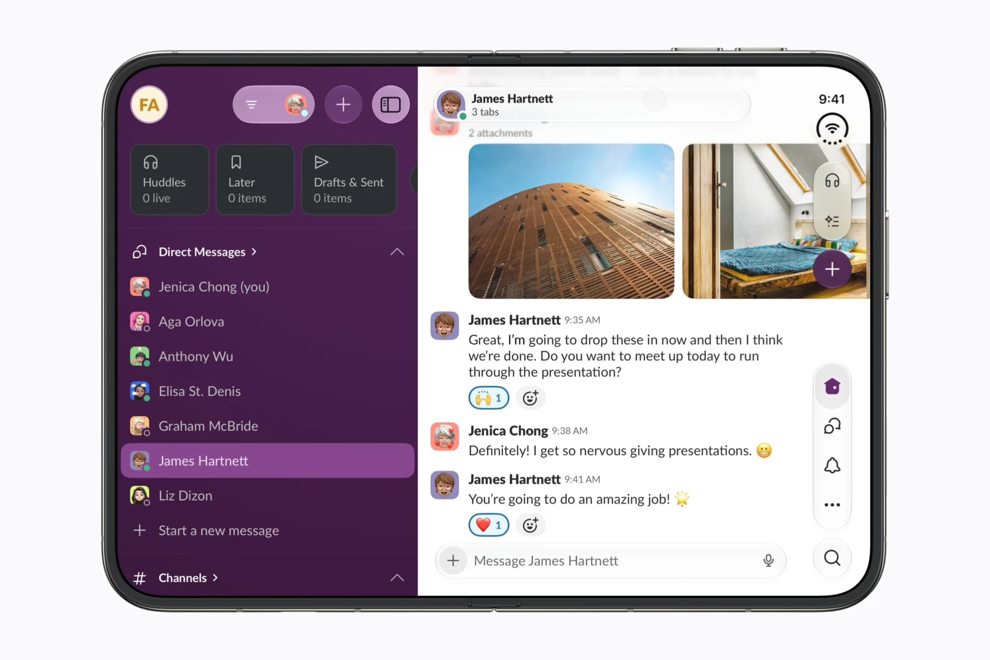 Giao diện làm việc đa nhiệm toàn cảnh trên ứng dụng Slack của iPhone Duo